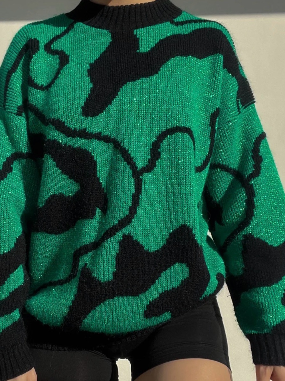 Vintage 80s Green and Black Sparkle Abstract Pattern Knit Sweater
